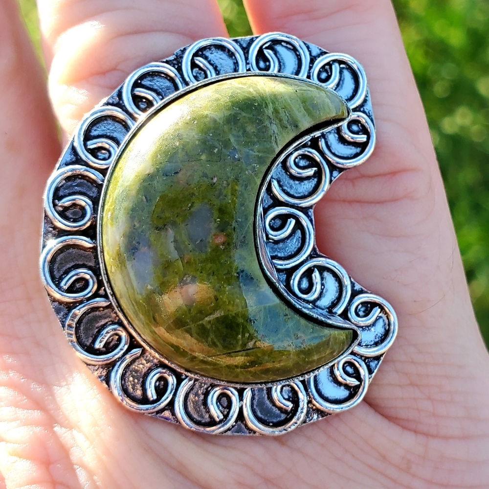 New Unakite Crescent Moon 925 Silver Ring.